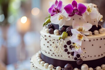 Obraz na płótnie Canvas Decorated white wedding cake with orchids and chocolate balls