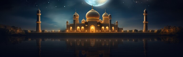 Fototapeta na wymiar Domed mosque at night with moonlight, background illustration copy space Islamic holidays and the month of Ramadan. 