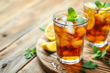 Space for text on wooden table with delicious iced tea