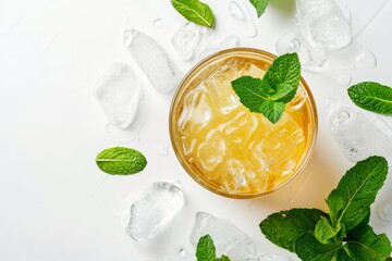 Top view of a tasty mint julep cocktail on a white background - obrazy, fototapety, plakaty