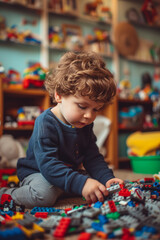 Little Boy Playing with Colorful Lego Blocks in the Playing Room