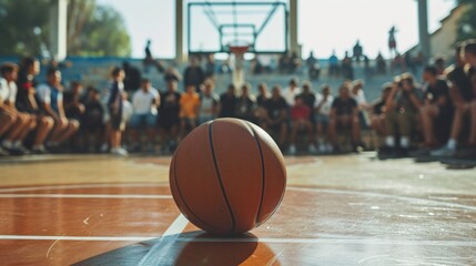 Low angle shot of a basketball court with a ball. Generative AI. - obrazy, fototapety, plakaty