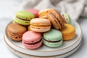 Fototapeta na wymiar Sweet and colorful French macarons including pastel macarons on a white background with a green beige and brown macaron on a plate