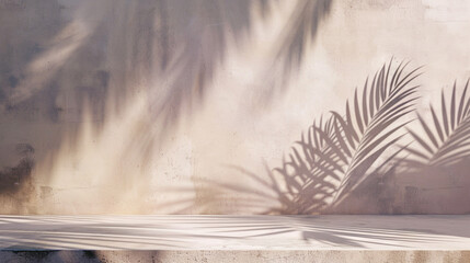 Minimal product placement background with palm shadow on beige plaster wall . Ai Generative