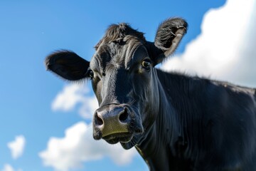 Friesian cow with blue sky backdrop