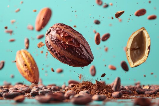Cocoa pod and beans levitate cracked and whole against turquoise backdrop High res image Levitation idea