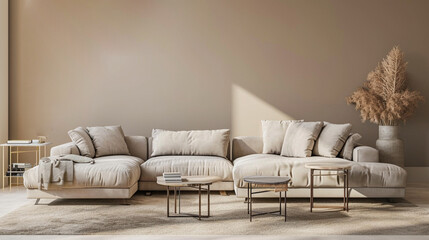 Minimalist boho home interior background with sofa and coffee tables. Ai Generative