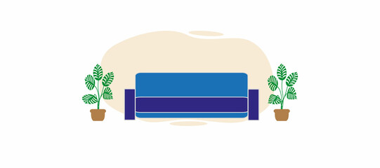 a place to relax, a beautiful sofa, flowers in flower pots. flat design style