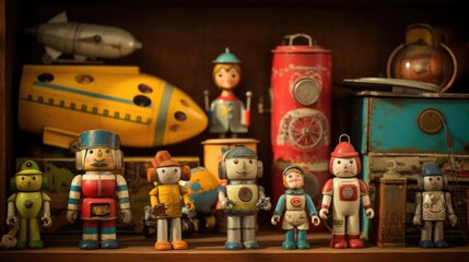 A group of old, tin toys on a dusty shelf, each one carrying its own story and connection to the past. Objects from our childhood can hold sentimental value and trigger feelings of nostalgia,