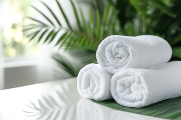 Fototapeta na wymiar White towels rolled up on white table with copy space representing a spa concept