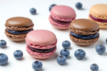 Obraz na płótnie Canvas French macarons in various pastel colors on a white background including a pink and brown macaron with a fresh blueberry