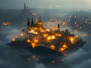 Fototapeta na wymiar Old magic book with the image of Charles Bridge and Prague Castle with fog at night.