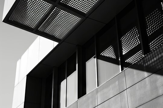 Abstract black and white background with geometric pattern displaying photos of a visor over a modern building porch with shadows and reflections