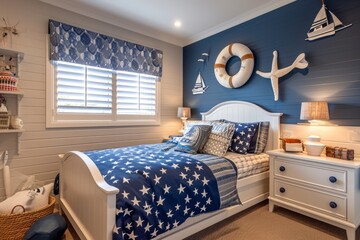Nautical themed kids' room with navy blue accents, seaside decor, star-patterned bedspread, and windows