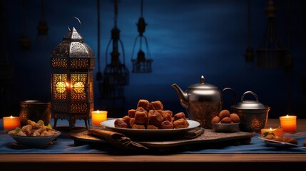 Candle lantern decoration, with sweet dates. Islamic holiday Ramadan Kareem ornament wallpaper background.	