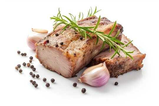 Pork fatback with herbs and spices on white background