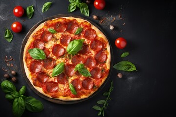 Top view of a delicious pepperoni pizza on a black concrete background accompanied by fresh tomatoes basil and cooking ingredients Ample space for text
