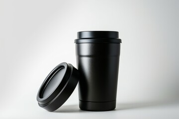 White background with black thermos mug slightly open containing hot tea or coffee