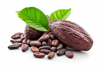 Close up of cocoa beans and leaves on white background