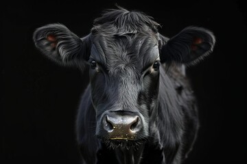 Close up portrait of black cow looking at camera centered black background large horizontal image copy space