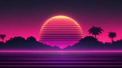 Keuken spatwand met foto 80s retro futuristic sci-fi background. Retrowave VJ videogame landscape with neon lights and low poly terrain grid. Stylized vintage cyberpunk vaporwave 3D render with mountains, sun and stars. 4K © Cobe