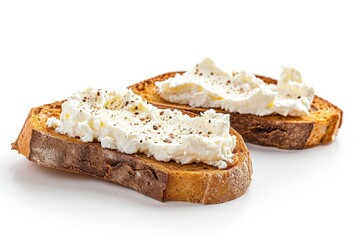 Cream cheese spread on toasted bread white background