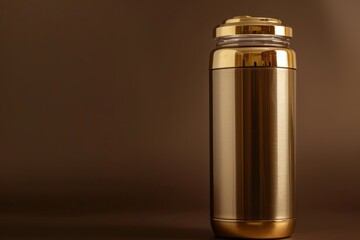 Eco friendly stainless steel thermos with glass mug isolated on brown background