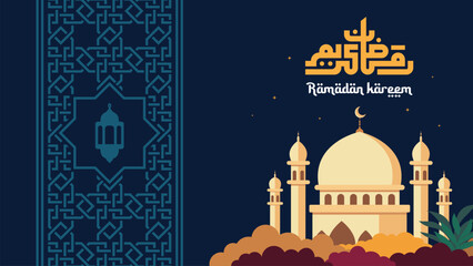 Vector Illustration of Ramadan Kareem Background with mosque and calligraphy. Suitable for greeting cards, posters and banners.