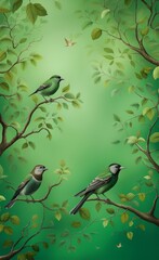 Vintage photo wallpaper with branches and birds on green background. Design for wallpaper, photo wallpaper, fresco, Generative AI 