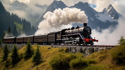 The low rumble and hiss of a steam locomotive is accompanied by plumes of smoke as it makes its way across the landscape, a timeless symbol of transportation and progress. - obrazy, fototapety, plakaty