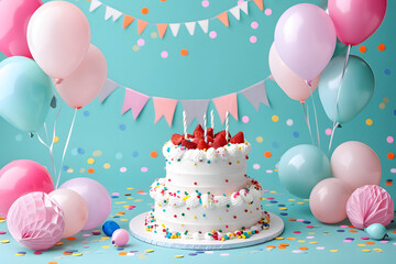 Happy birthday template design. Birthday greeting card with cake and balloons party decoration elements on background.