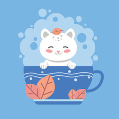 Vector flat illustration relaxed cute cat in cup