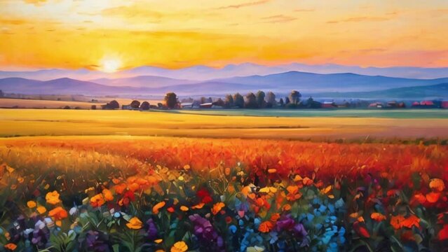 Sunset dawn of sun over flower field oil painting with acrylic, motion
