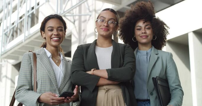 City, portrait and team businesswomen with smile, arms crossed and diversity in creative group. Office building, confidence and girl power, work friends with support or professional career at startup
