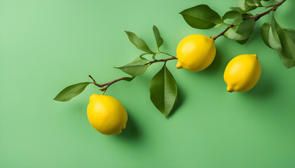 Beautiful branch with two yellow lemons on a green background. Minimal concept