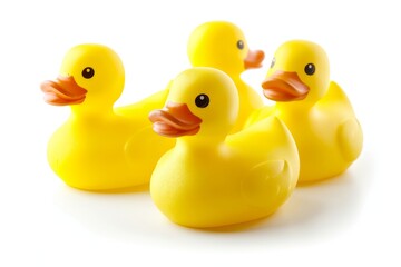 Rubber ducks alone on white backdrop