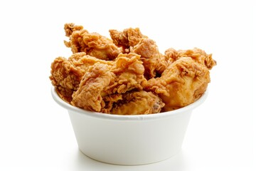 Crispy chicken skin on white background fried chicken in paper bucket with clipping path