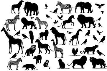Collection of Animal Silhouettes: Set featuring vector illustrations of tiger, horse, lion, elephant, bear, giraffeband more in black outline, perfect for nature-themed des