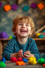 Fototapeta na wymiar Little Boy Playing with Colorful Clay