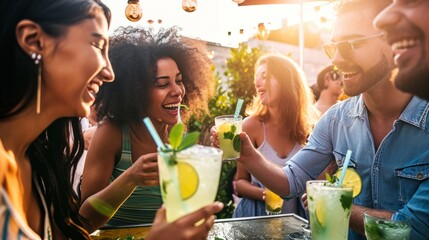 A group of happy young people come together to celebrate summer parties, lifestyle food and drink concepts, cocktail parties - obrazy, fototapety, plakaty