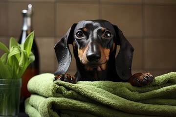 The black and tan dachshund was in a state of relaxation after receiving spa treatments on its face
