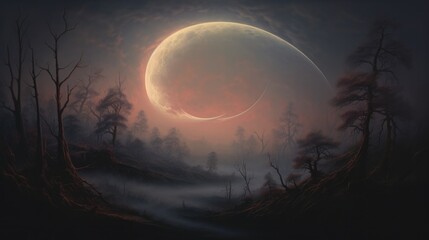 A painting of a moon in the sky with trees and fog. Generative AI.