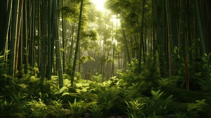 Tropical bamboo forest lush green leaf with sun rays morning