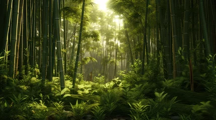 Rolgordijnen Tropical bamboo forest lush green leaf with sun rays morning © Muamanah