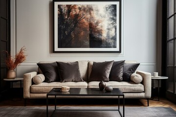 Contemporary lounge with couch and framed artwork. Generative AI