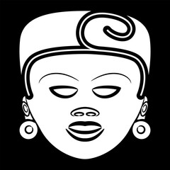 Human head from Veracruz. Ethnic tribal mask. Native American pre Columbian art from Mexico. Black and white silhouette.