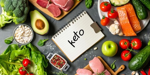 Keto diet foods and notebook with "Keto"