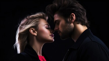 A man and woman are kissing in front of a black background. Generative AI.