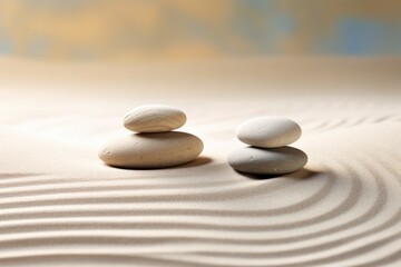 Fototapeta na wymiar Zen Stones With Lines On Sand - Spa Therapy - Essence of Purity, Harmony, and Equilibrium