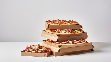 Stack of pizzas with cardboard packaging on white table. Fast food menu restaurant.